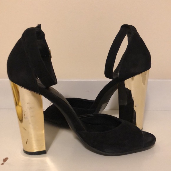 Black Suede open toe heels with chunky gold platform heel - Picture 4 of 5